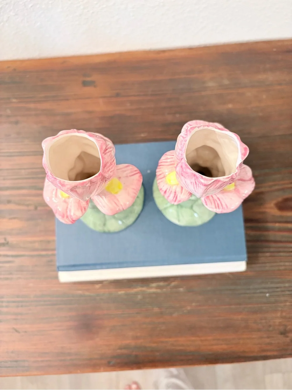 Handcrafted Pink Flower Ceramic Candle Holders - Set of 2